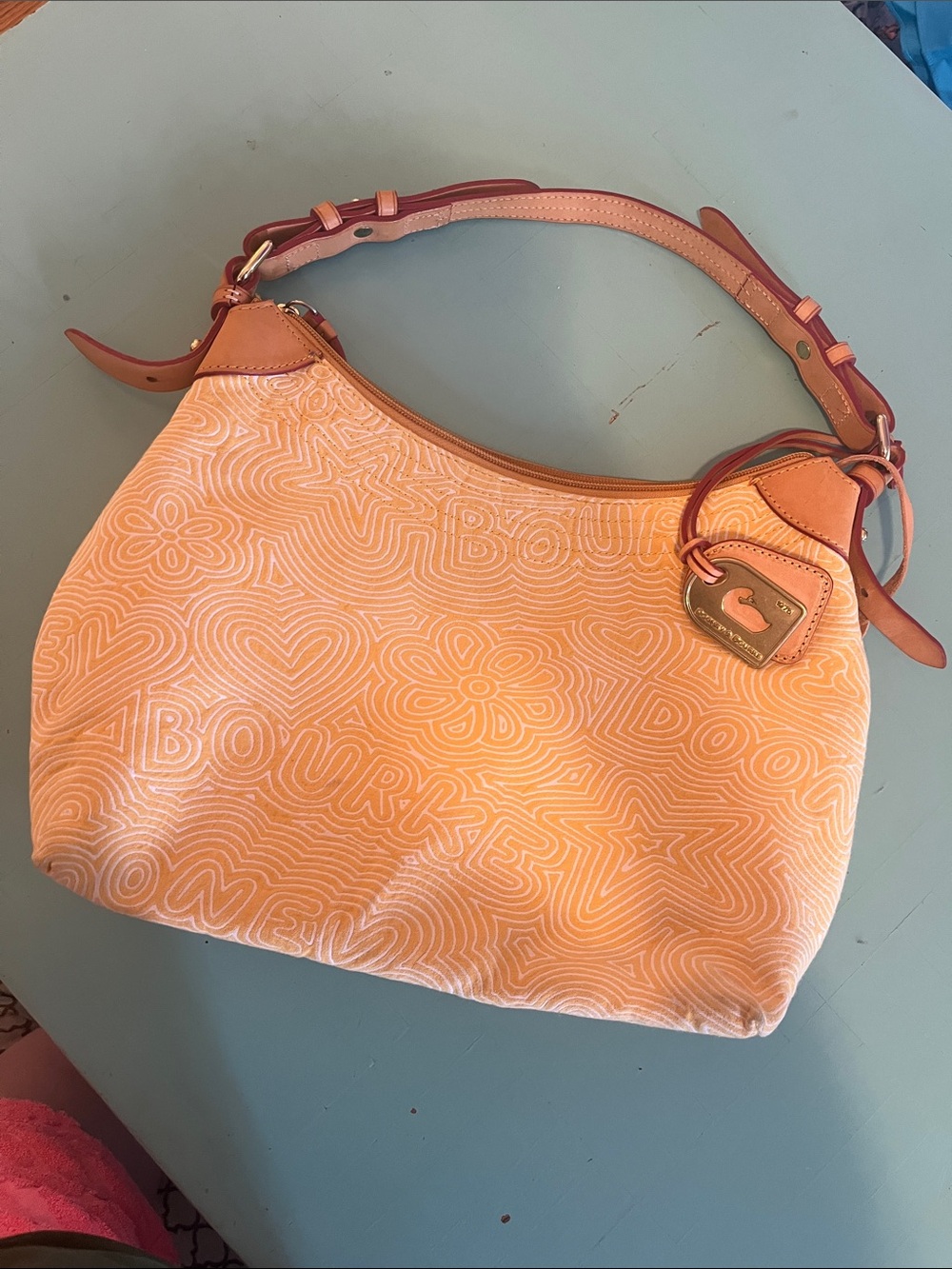 Dooney & Bourke Peach Logo-Pattern Hobo Shoulder Bag with Tan Trim